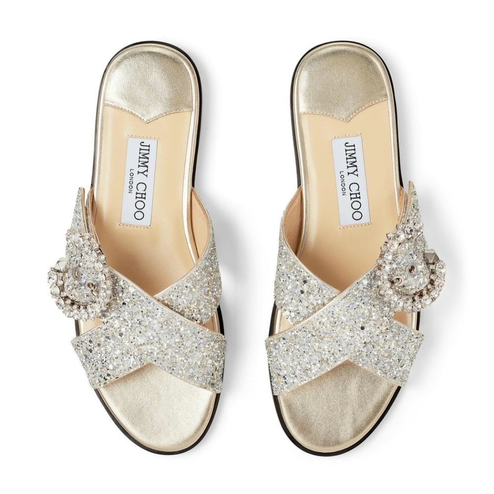 Jimmy Choo Marle Coarse Glitter Slide Sandals With Crystal Buckle